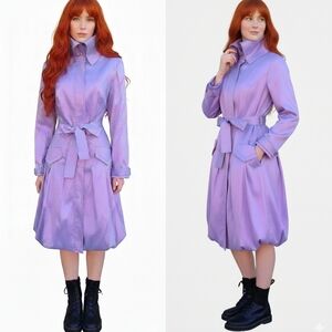 Vintage 90s Y2K Lavender Iridescent Balloon HemTrench Coat Belted High Neck S/M